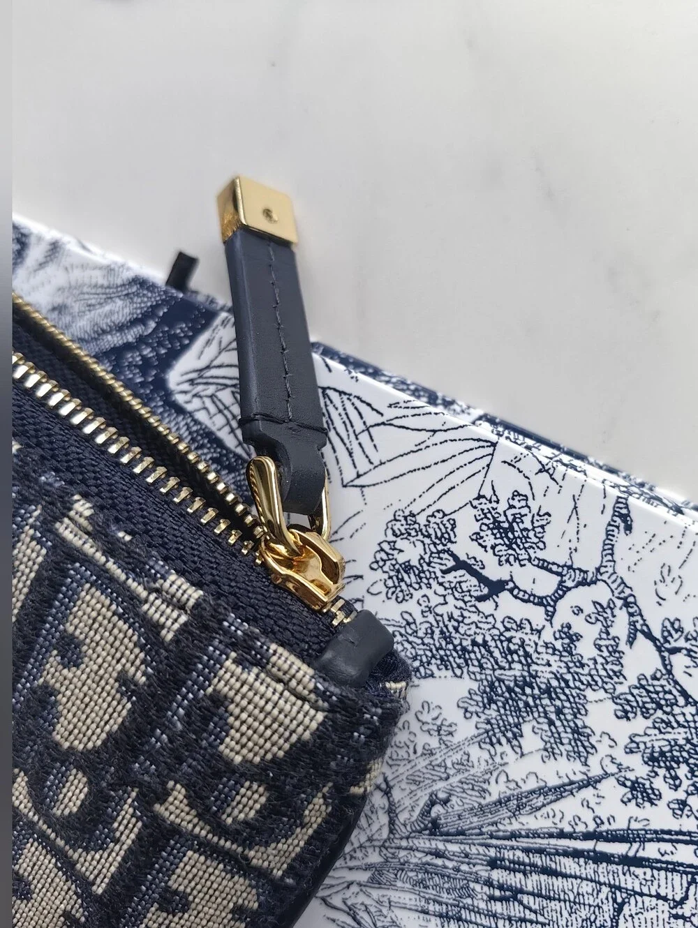 Dior Navy and Beige Oblique Canvas Key Pouch with Gold Hardware